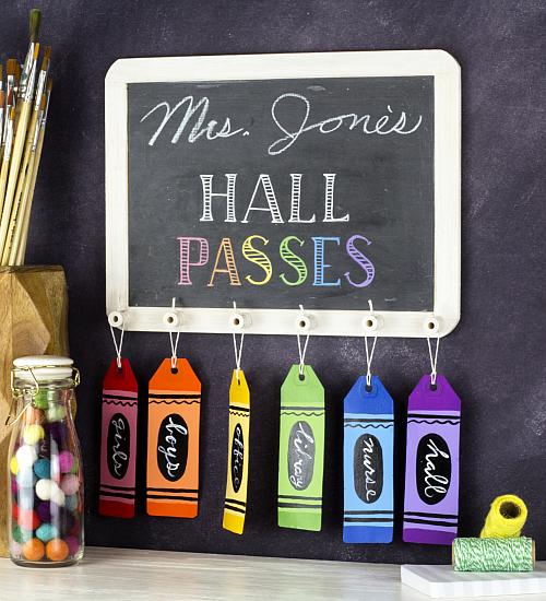 A chalkboard hall pass sign