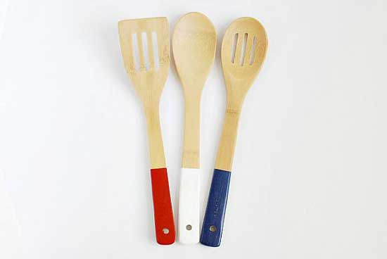 Wooden utensils with the handles painted red, white, and blue