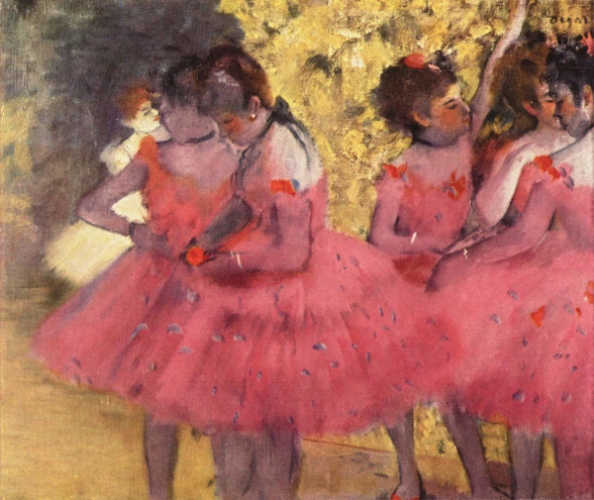 A painting of young ballerinas in pink and red tutus