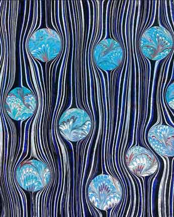 Blue orbs interspersed between thin lines in a intricate water marbling pattern.