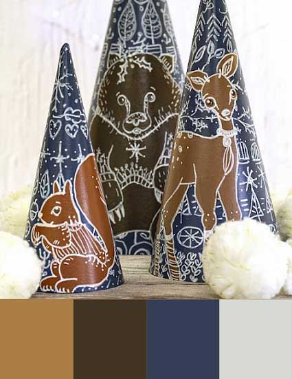 Dark blue cones with woodland creatures painted on them.