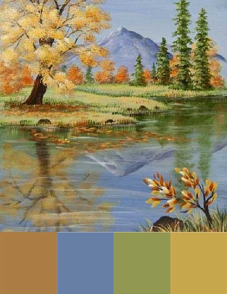 Honey brown fall landscape color palette. Has honey brown, light blue, sage green, and warm white