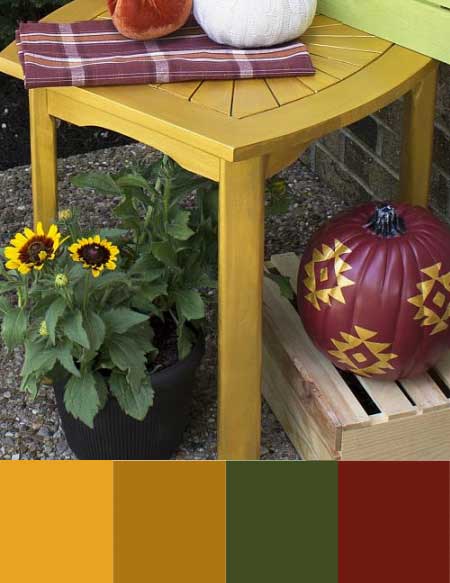 A fall color scheme with marigold yellow, golden brown, burgundy, and a deep olive green.