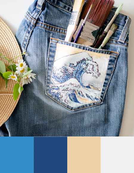 An ocean blue, navy blue, tan, and white color palette.