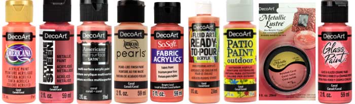 A line-up of various DecoArt acrylic paints in the color coral.