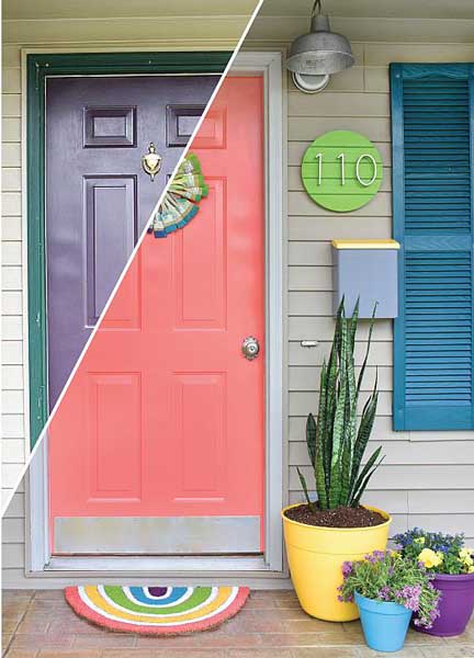 A door is shown before and after being repainted a bright coral pink