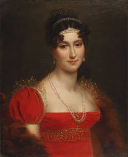 An oil painting of the Duchess of Elchingen, she's wearing a red gown and faces the camera with a slight smile