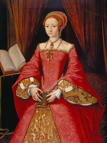 A painting of Queen Elizabeth from when she was a Princess. She wear a pink-ish red gown with gold detailing