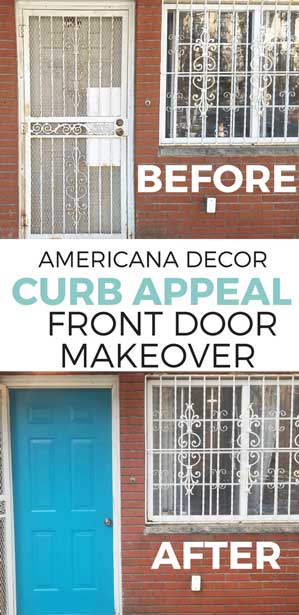 A picture of a door before and after being painted a bright teal color using DecoArt's outdoor acrylic paint, curb appeal.