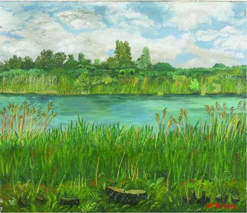 A painting of green fields of grass along a river bank by Gliboki Miriko