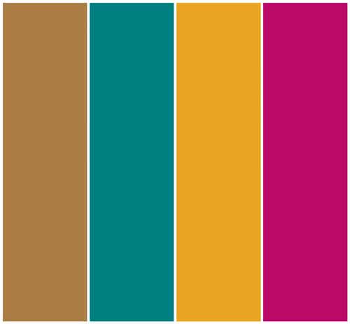 A fall color scheme with the colors honey brown, marigold, raspberry red, and teal