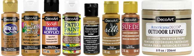 A line-up of DecoArt paint products in the shade honey brown