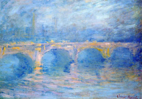 A blue painting by Monet of a bridge in hazy light