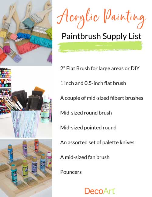 A list of basic paintbrushes people can buy to start acrylic painting