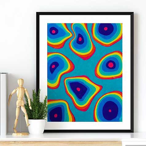 A framed water marbling print of a stone pattern in rainbow colors.