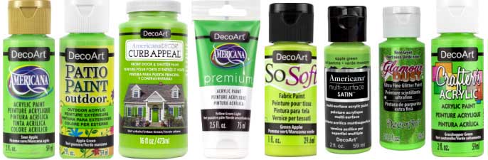 A line-up of various DecoArt acrylic paints in the same shade of apple green.
