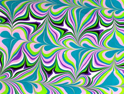 A black, pink, and green water marbling design.